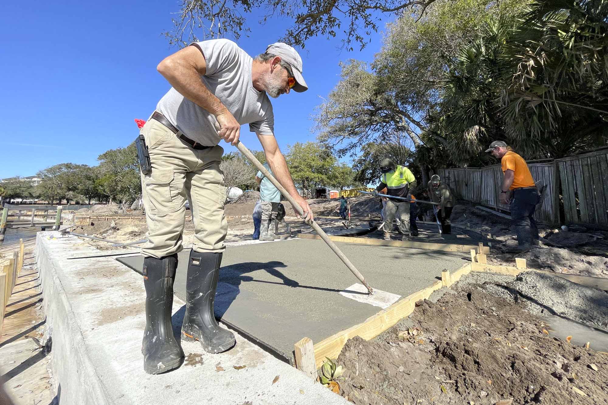 Construction crews work on renovations of the Fort Walton Beach Landing Park on Jan. 31, 2024.