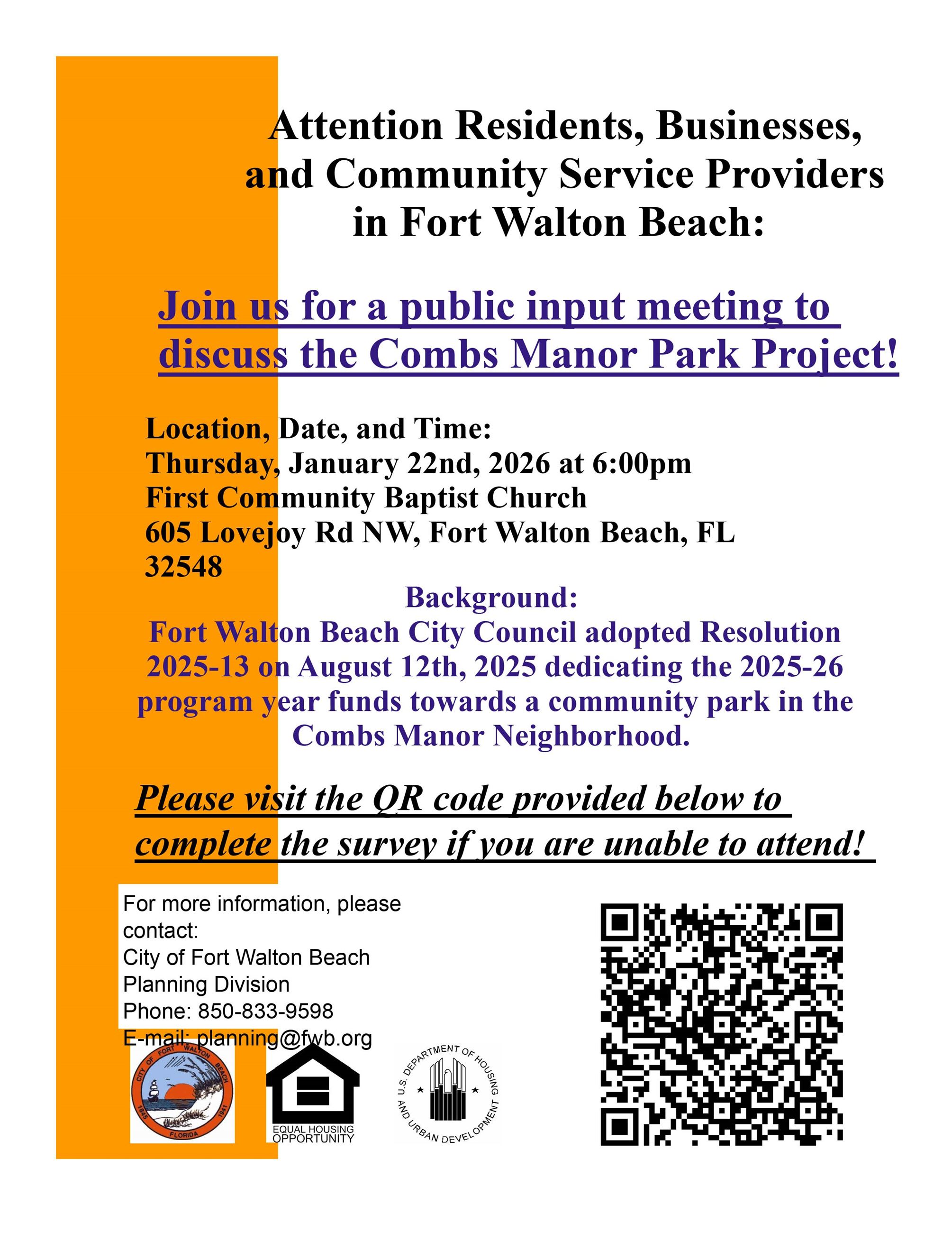 A flyer for a public input meeting on a proposed park to be located in the Combs Manor Neighborhood.