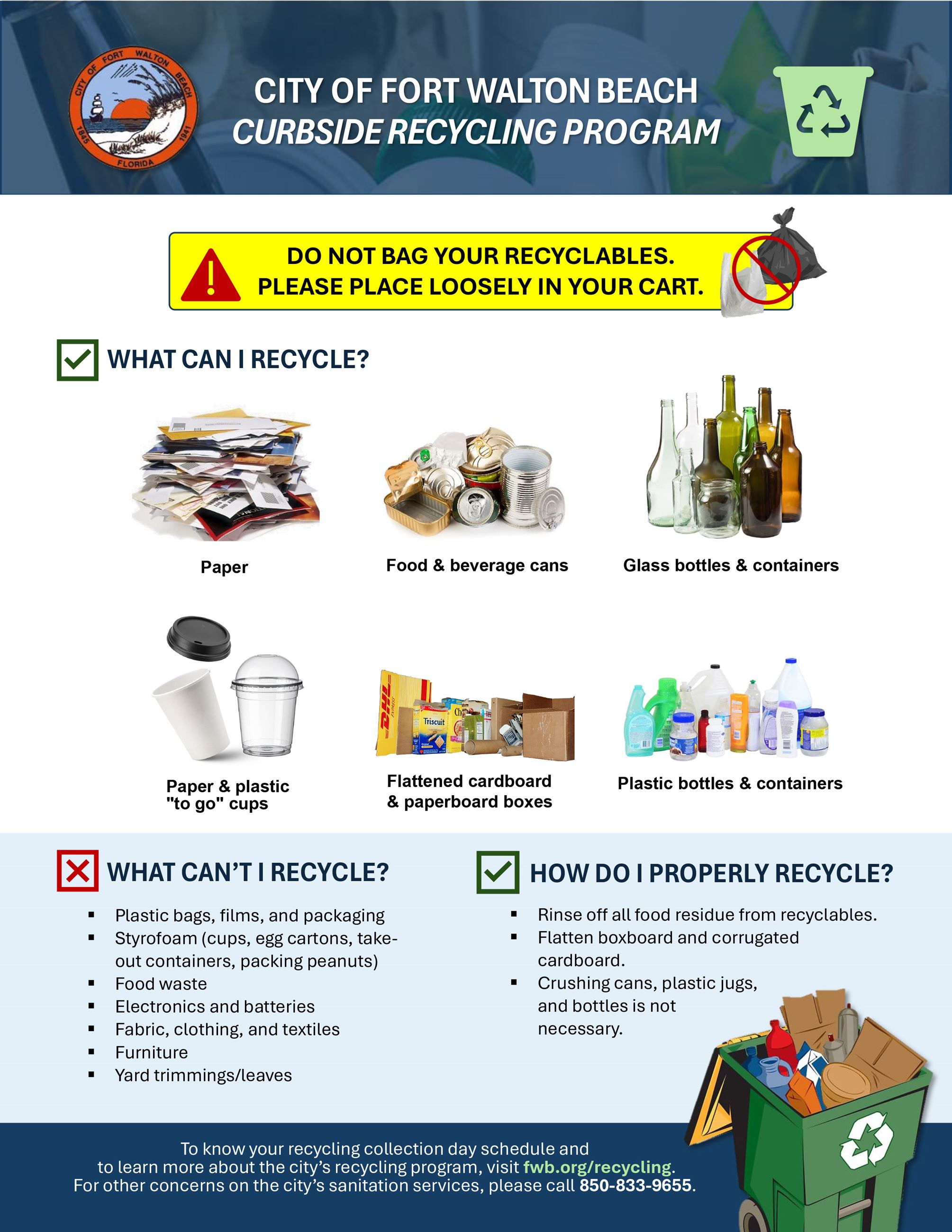 A chart of items which are recyclable in Fort Walton Beach's curbside recycling program.