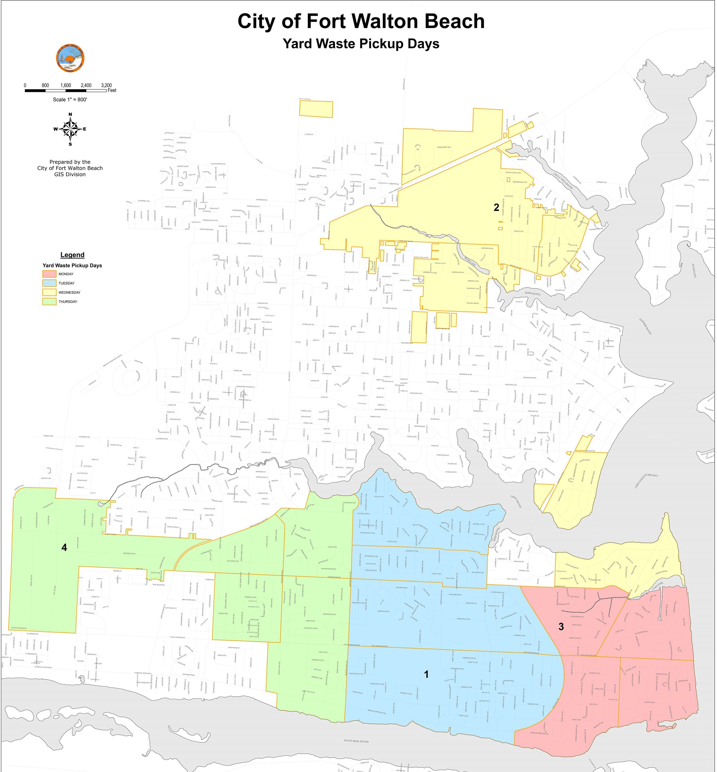 A map of yard waste pickup schedule for the City of Fort Walton Beach.