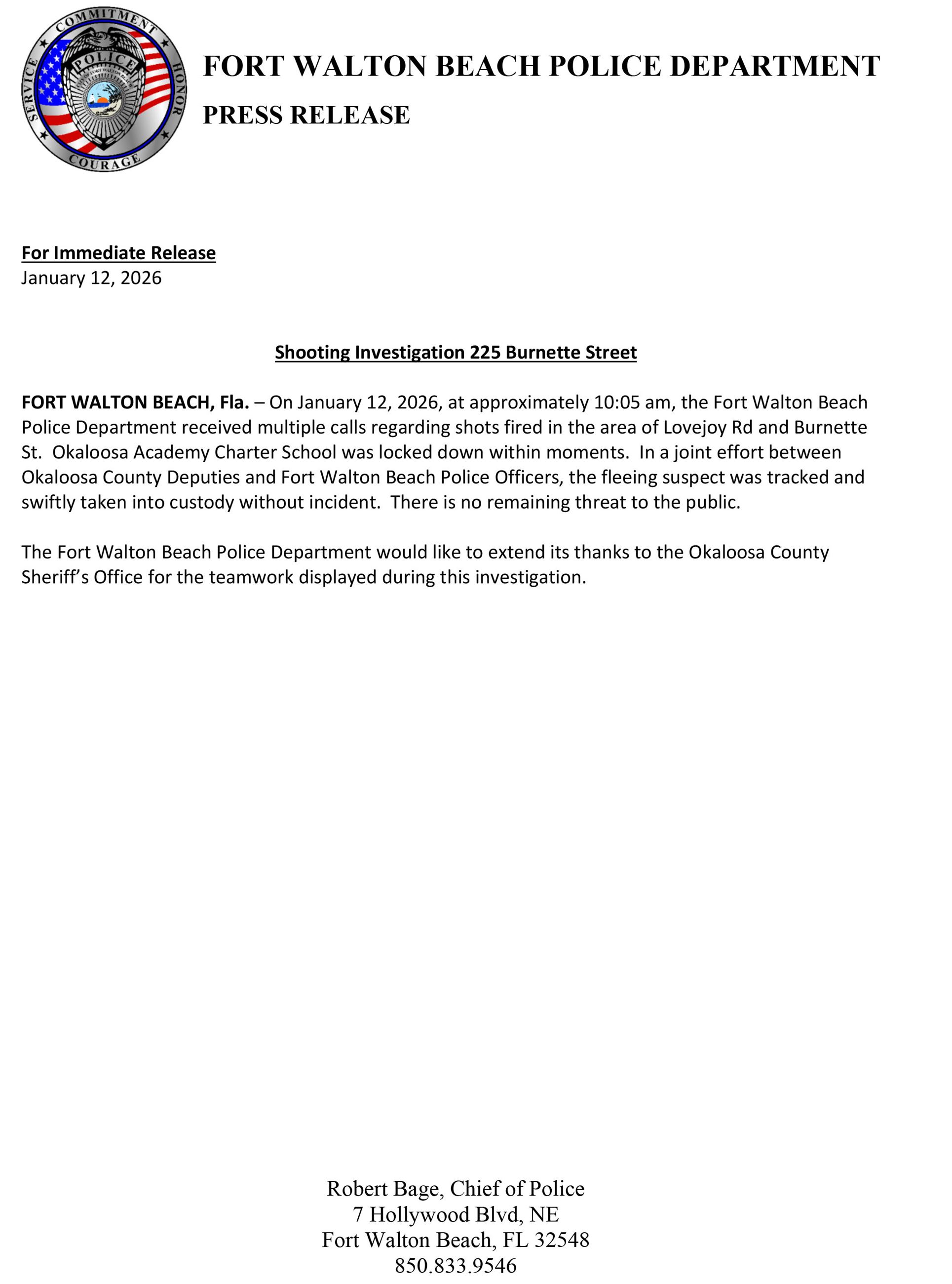 An press release with details of a shots fired incident that occurred on Monday, Jan. 12, 2026.